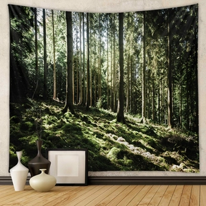 Close-up of bohemian forest tapestry with lush moss and sunlight detail on a grey wall