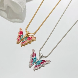 Barbie core butterfly pendant necklace with colorful enamel inlay on delicate snake chain