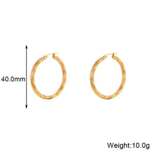 Detail of 40mm golden twisted hoop earrings showing size 40.0mm and 10.0g weight specs