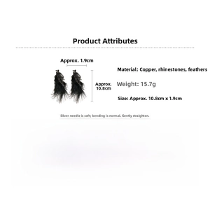 Detail view of dark feather earring showing 10.8cm length and rhinestone cap specs
