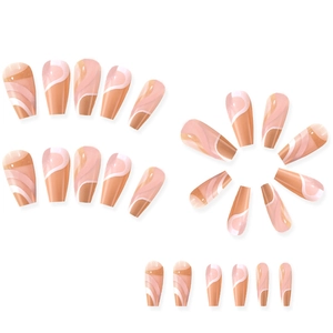 Detail of nude press-on nails featuring white and brown abstract wave patterns on white background