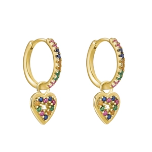 Luxury gold heart earrings featuring multi-color zircon stones for a vintage stacked style
