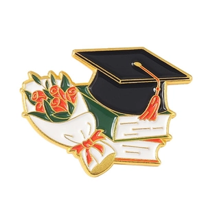 Black graduation cap and red rose enamel brooch pin with gold metallic finish