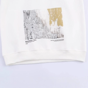 White cotton sweatshirt with Montmartre 1974 abstract metallic art print design