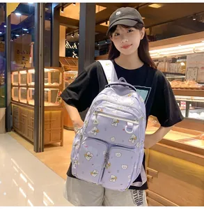 Detailed view of light purple cartoon backpack with cute bear print and multiple zippers