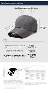 Size chart showing head circumference and measurements for adjustable grey cotton dad hat