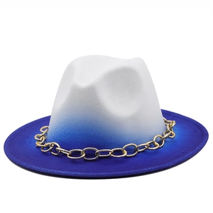 Ombre Fedora Hat With Large Gold Metal Chain Wide Brim Woolen Felt Vintage Jazz Cap For Women Men