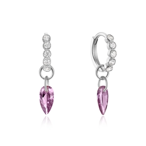 Detail of silver drop earrings with purple pear-cut gemstone and pavé crystal accents