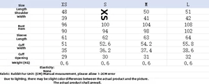 Detailed size chart for faux fur jacket with length and sleeve measurements in centimeters