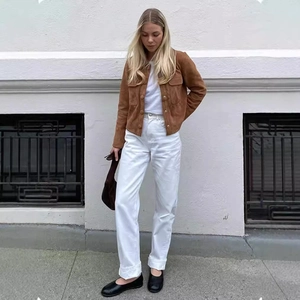 Chaqueta De Moto Vintage De Gamuza Sintética Para Mujer Cuello Solapa Botones Abrigo Corto Con Bolsillos