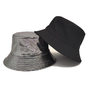 Fashionable double-sided bucket hat with laser silver grid and black fabric finish