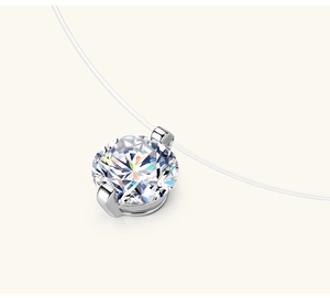Close-up of S925 silver necklace with round moissanite pendant on invisible fishing line