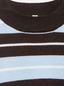 Close-up of the ribbed crewneck and mint chocolate striped knit texture on the sweater