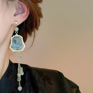 Detail of Chinese style long tassel earrings with jade beads and ink painting pattern
