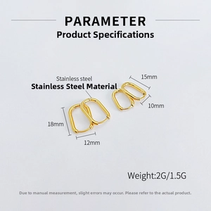 Detailed size chart for rectangular stainless steel hoop earrings in polished gold finish