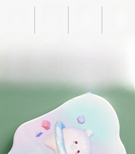 Detail of cute tooth-shaped hand mirror with cartoon astronaut print in macaron colors