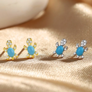 S925 sterling silver turtle stud earrings with blue gemstone and white zircon stones