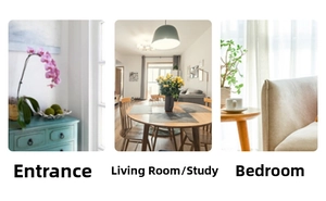 Three interior scenes showing home decor in the entryway, living room and bedroom