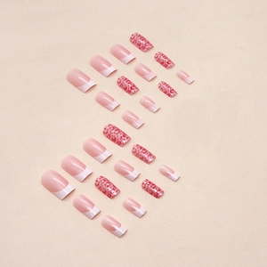 Long square leopard print press-on nails with pink Aurora French design in S-shape layout