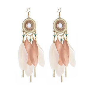 Bohemian drop earrings with light feathers and turquoise beads in ethnic tassel style