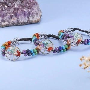 Handmade chakra tree of life bracelet with colorful natural stones and woven cord