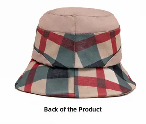 Rear view of the plaid pattern sun hat featuring breathable cotton fabric and wide brim