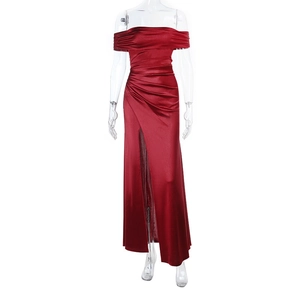 Detail of red off-shoulder satin gown with pleated bodice and thigh-high side slit