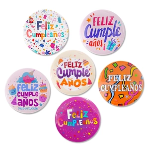 Spanish Feliz Cumpleaños Birthday Badges Round Tinplate Metal Pins For Kids Birthday Party Decoration And Gifts Colorful