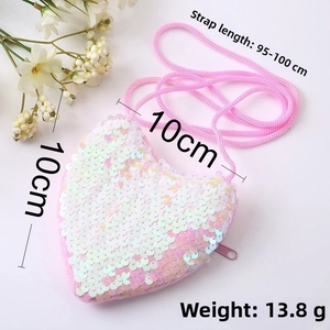 Pink heart-shaped sequin coin purse with crossbody strap measuring 10x10cm