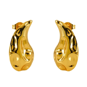 Polished 18K gold plated stainless steel teardrop earrings with fluid hammer texture