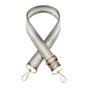 Adjustable woven strap with grey silver glitter stripes and gold metal hardware