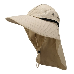 Khaki outdoor sun hat with wide brim, neck protection, and breathable mesh details