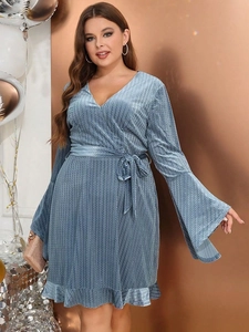 Plus Size V Neck Flare Sleeve Wave Textured Wrap Tie Waist Ruffle Hem Long Sleeve Midi Dress For Women Elegant