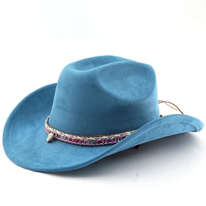 Classic dark blue western cowboy hat with colorful woven band and seashell ornament