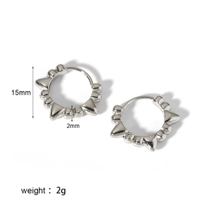 Detailed view of silver spike hoop earrings showing 15mm diameter and 2mm thickness dimensions