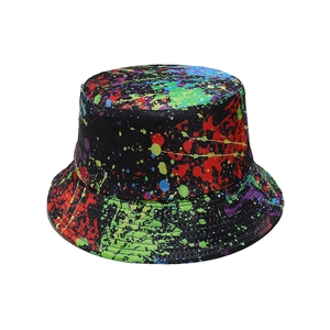 Graffiti bucket hat with colorful splatter print on black canvas for men and women