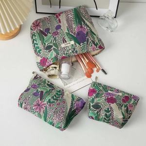 Three-piece floral embroidery makeup bag set with large capacity for travel storage