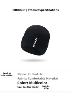 Detail of black knit beanie showing the DZMYZM label and 100g stretch fabric texture