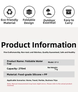 Detailed spec sheet showing 270ml food-grade silicone folding cup capacity and weight
