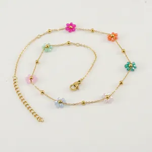Crystal Flower Necklace Stainless Steel 18K Gold Plated Floral Beaded Chain Elegant Jewelry For Women