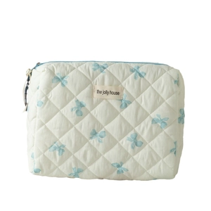 Trousse à maquillage matelassée blanche avec nœuds bleus et fermeture éclair haute