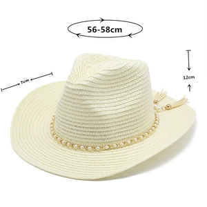 French style straw sun hat with pearl chain and tassel details, 56-58cm head size
