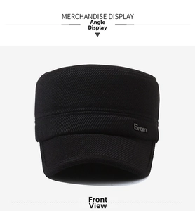 Detailed front view of black winter army cap featuring a Sport metal logo and textured wool