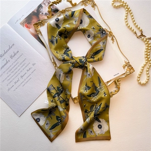 Elegant olive green floral silk scarf with hand-painted bee print and retro border