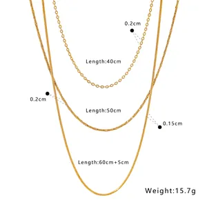 Detailed size chart showing lengths and weights of the layered stainless steel necklace