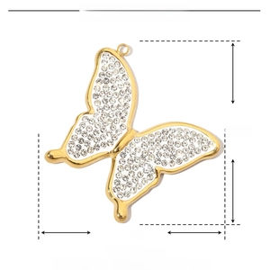 Detailed size parameter view of a golden butterfly pendant with sparkling rhinestones
