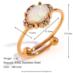 Macro detail of 18K gold stainless steel ring with opal stone and measurements