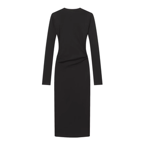 Elegantes schwarzes langärmliges Kleid mit V-Ausschnitt, schmaler Passform und Raffungen