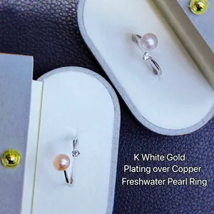 Freshwater Pearl Adjustable Open Ring For Women Copper White Gold Plated Rhinestone Minimalist Jewelry Gift Everyday Wear