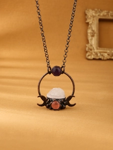 Vintage bronze necklace with white crystal geode, amethyst and crescent moon accents